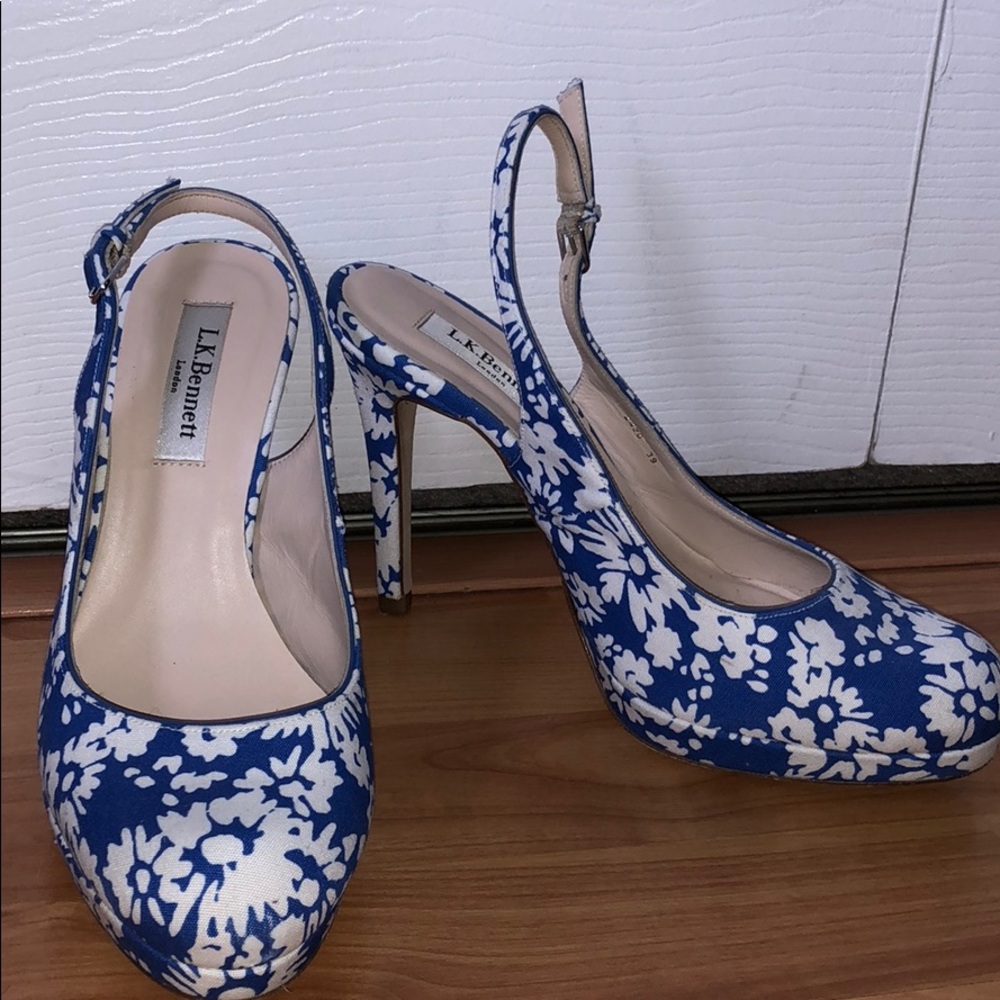 LK Bennet heels - blue and white flower design